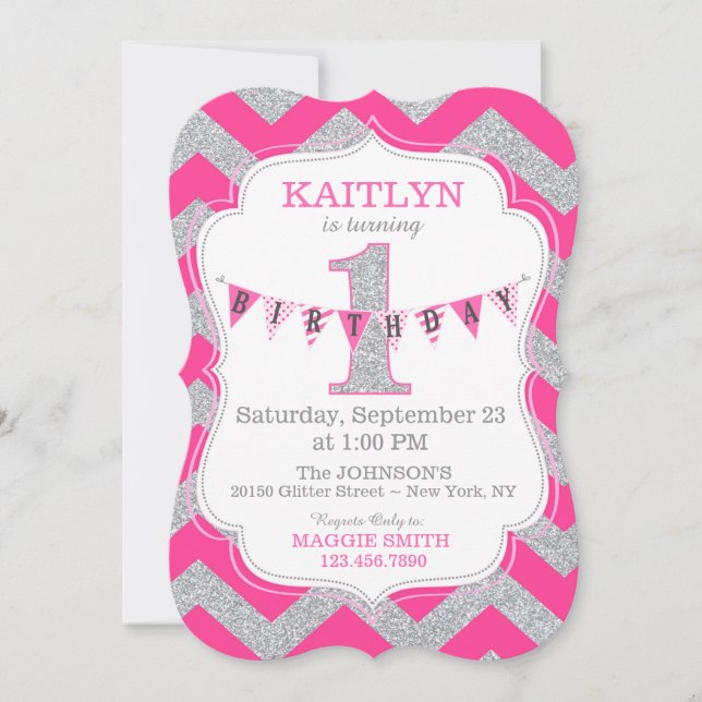 Pink Silver Glitter Sparkle First Birthday Invite (Front)