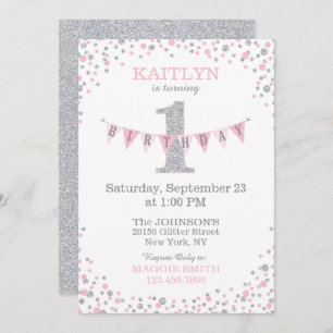 Pink Silver Glitter Sparkle First Birthday Invite