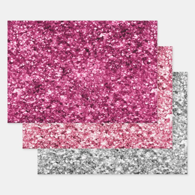 Pink & Silver Glitter Sparkle Wrapping Paper Sheet (Set)
