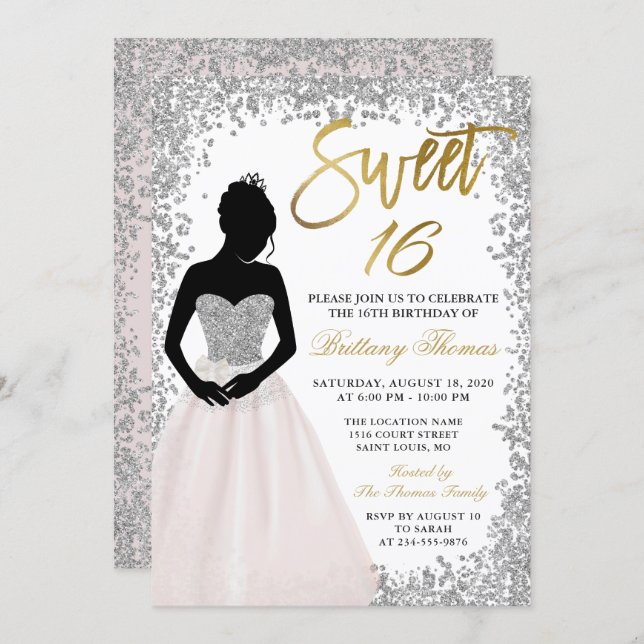Pink Silver Glitter Sweet Sixteen 16 Birthday Invitation (Front/Back)