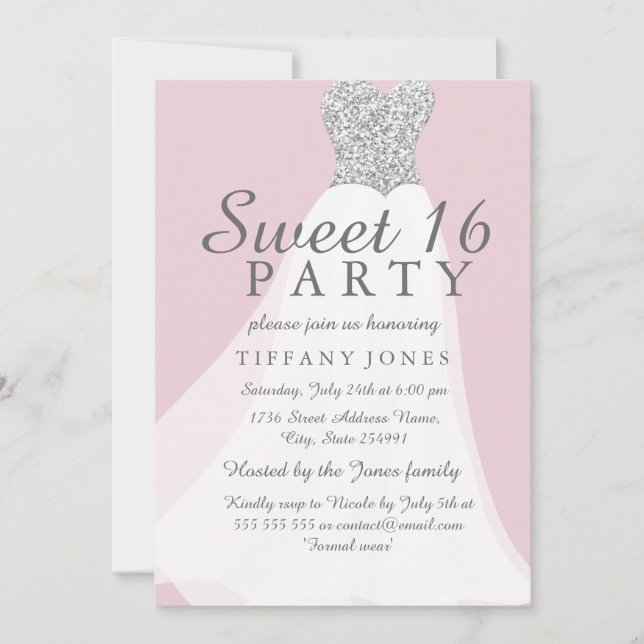 Pink Silver Glitter White Dress Sweet 16 Invite (Front)