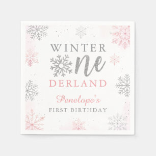 Pink Silver Glitter Winter Onederland 1st Birthday Napkin
