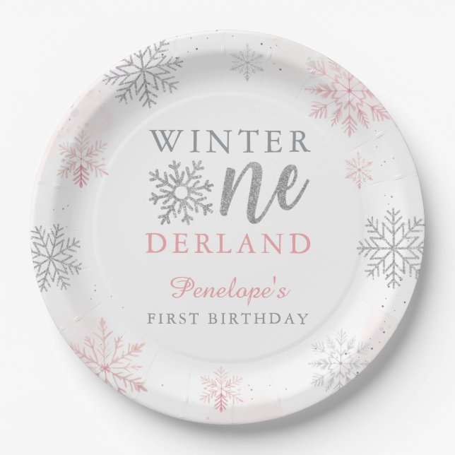 Pink Silver Glitter Winter Onederland 1st Birthday Paper Plate (Front)