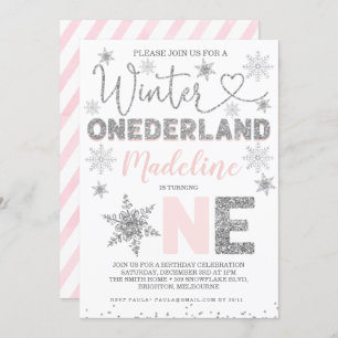 Pink Silver Glitter Winter Onederland Birthday Invitation