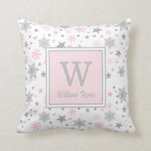 Pink Silver Glitter Winter Snowflakes Holiday Gift Cushion