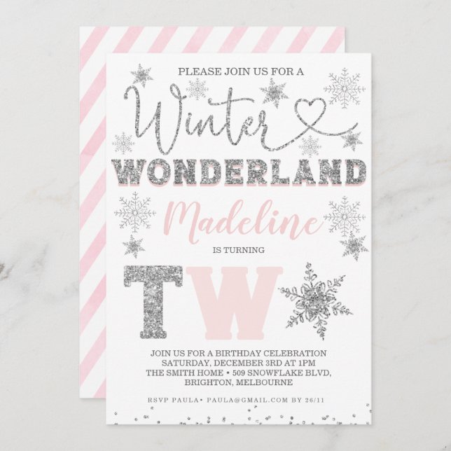 Pink Silver Glitter Winter Wonderland 2nd Birthday Invitation (Front/Back)