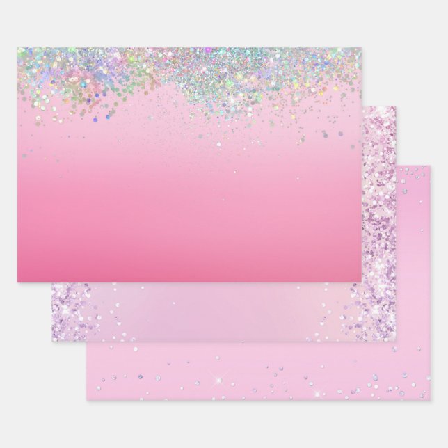Pink Silver Glitzy Sparkle Confetti Christmas Wrapping Paper Sheet (Set)