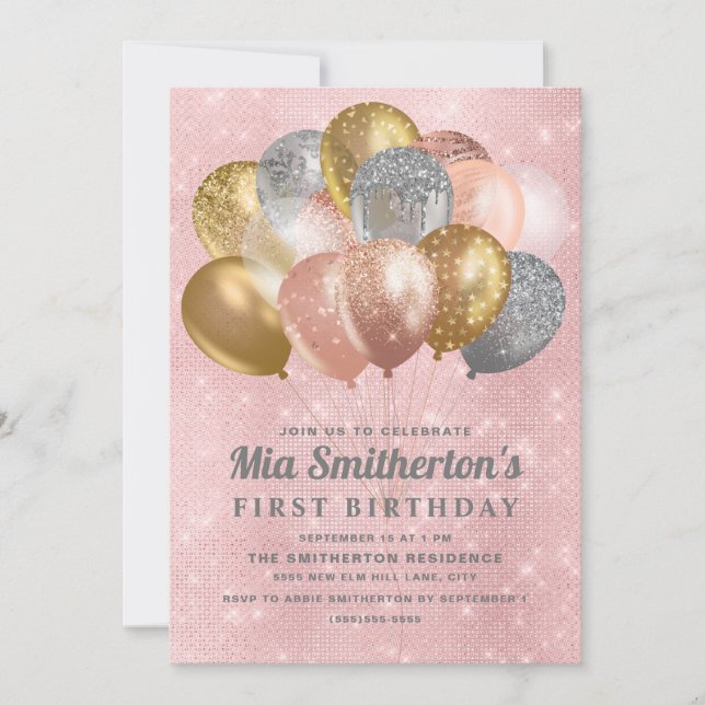 Pink Silver Gold  Balloons Girl's 1st Birthday Invitation (Front)