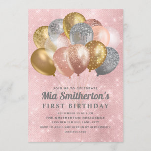 Pink Silver Gold Balloons Girl's 1st Birthday Invitation