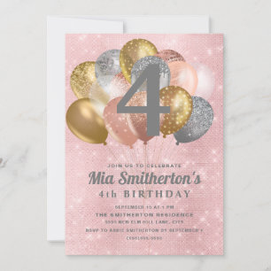 Pink Silver Gold  Balloons Girl's 4th Birthday Invitation