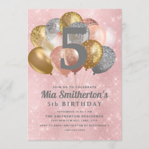 Pink Silver Gold  Balloons Girl's 5th Birthday Invitation