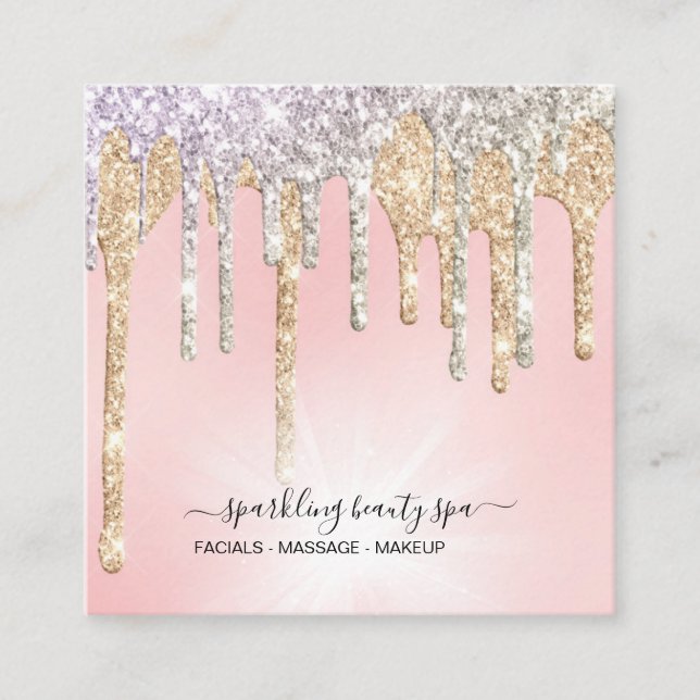 *~* Pink Silver + Gold  Drip GLITTER DrippingAP7 Square Business Card (Front)