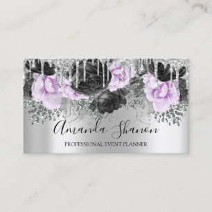 Pink Silver Grey Glitter Drip Logo Event Planner Business Card