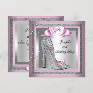 Pink Silver Grey High Heel Shoe Birthday Party Invitation