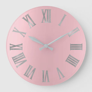 Pink Silver Grey Minimal Metallic Roman Numers Large Clock