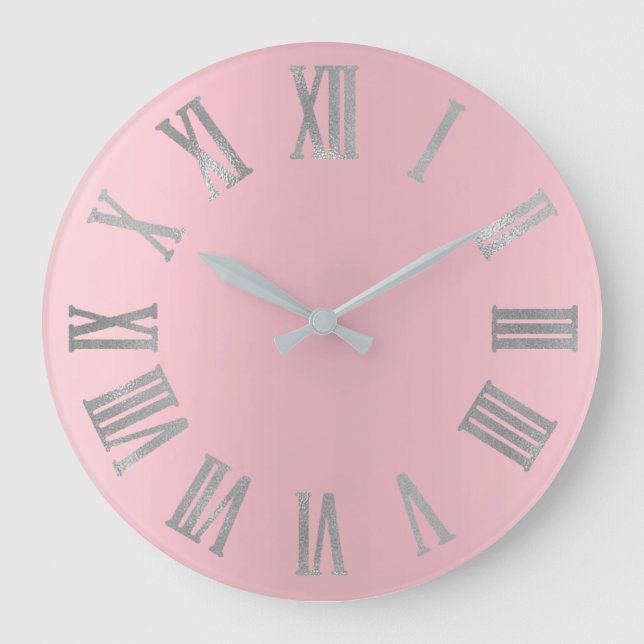 Pink Silver Grey Minimal Metallic Roman Numers Large Clock (Front)