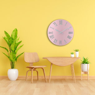 Pink Silver Grey Pastel Metallic Roman Numers Large Clock