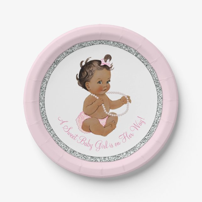 Pink Silver Grey Pearl Ethnic Girl Baby Shower Paper Plate (Front)