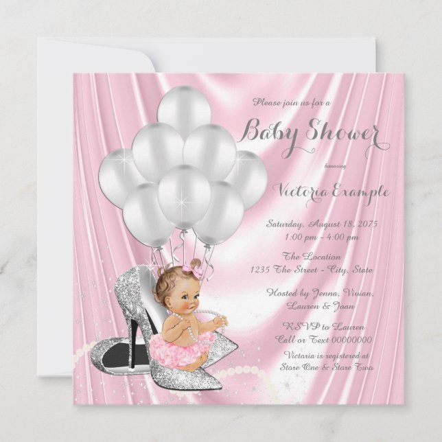 Pink Silver Grey Pearl High Heel Baby Shower Invitation (Front)