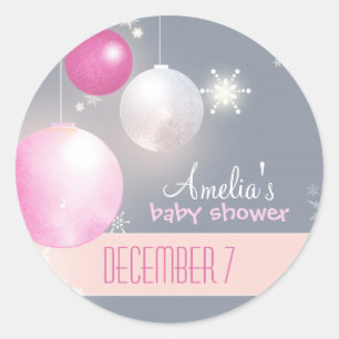 Pink Silver Grey Winter Baby Girl Shower Classic Round Sticker
