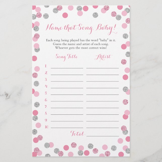 Pink & Silver Guess the Baby Song Baby Shower Game (Front)
