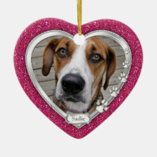 Pink Silver Heart Pet Dog Memorial Photo Christmas Ceramic Tree Decoration