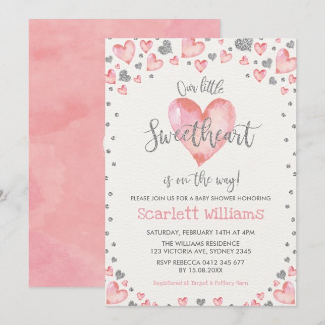 Pink Silver Hearts Sweetheart Girl Baby Shower Invitation (Front/Back)