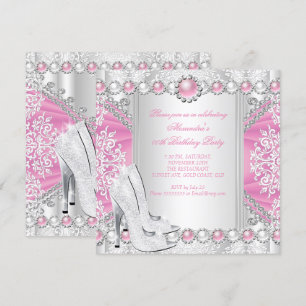 Pink Silver High Heels White Pearl Birthday Party Invitation