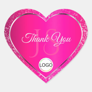 Pink Silver Logo Initials Glitter Cute Thank You Heart Sticker