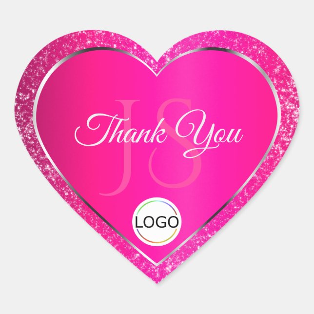 Pink Silver Logo Initials Glitter Cute Thank You Heart Sticker (Front)
