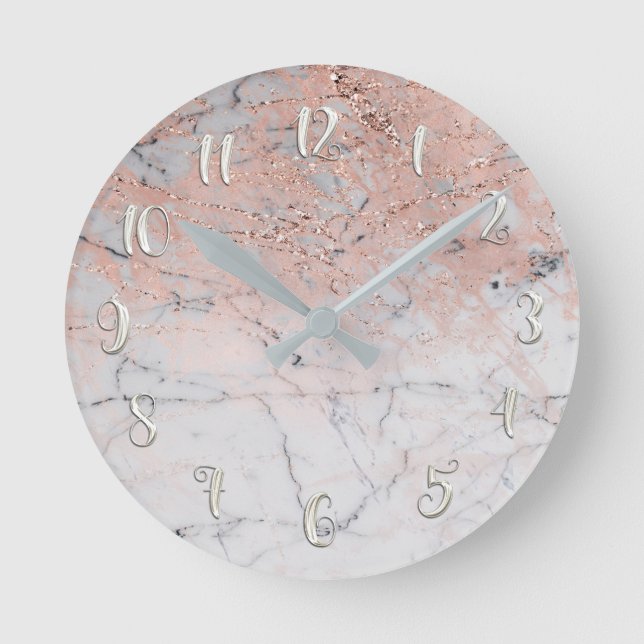 Pink Silver Marble Modern Glamour Personalised Round Clock (Front)