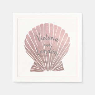 Pink Silver Metallic Seashell Name Beach Wedding Napkin