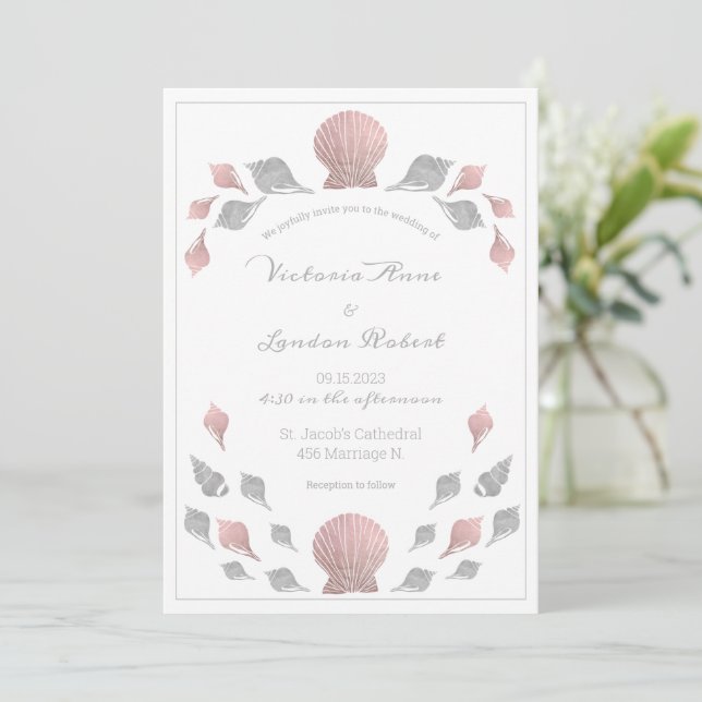Pink Silver Metallic Seashells Beach Wedding Invitation (Standing Front)