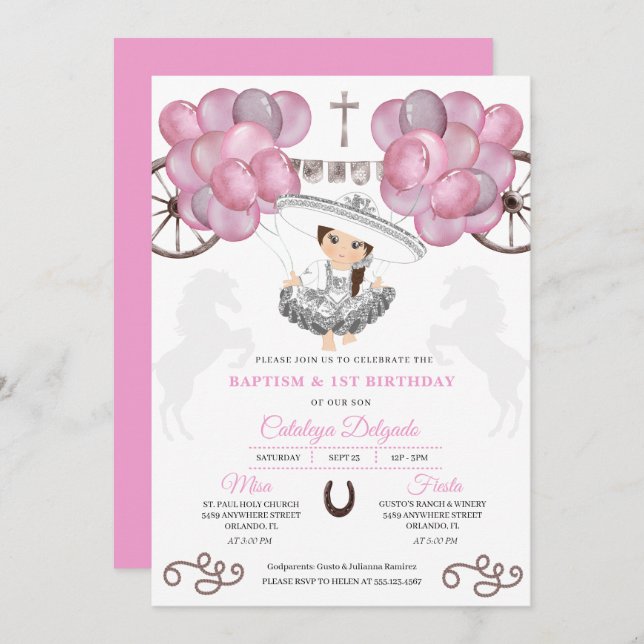 Pink Silver Mexican Baby Charra Balloons Baptism Invitation (Front/Back)