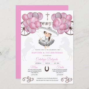 Pink Silver Mexican Baby Charra Balloons Baptism Invitation