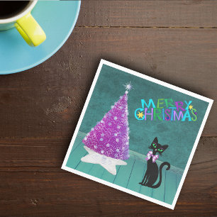 Pink Silver Mid Century Chistmas Tree Cat Teal Napkin