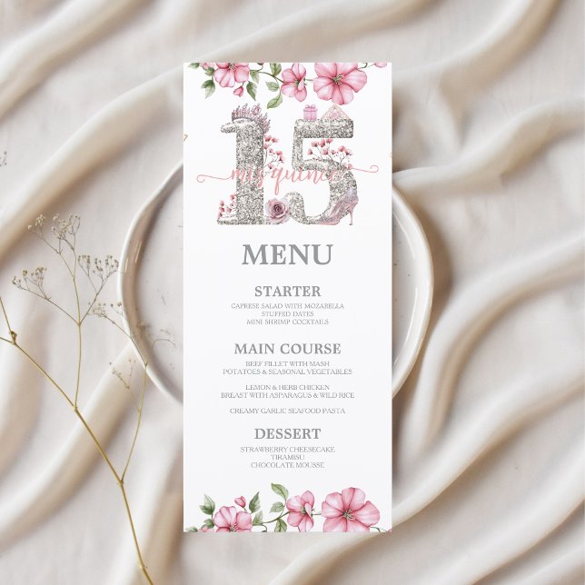 Pink Silver Mis Quince Quinceañera Menu (Creator Uploaded)