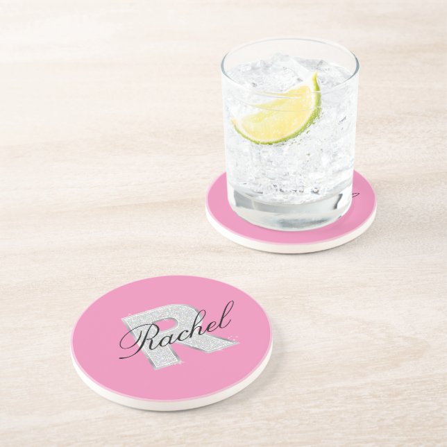Pink Silver monogram letter R Coaster (Side)