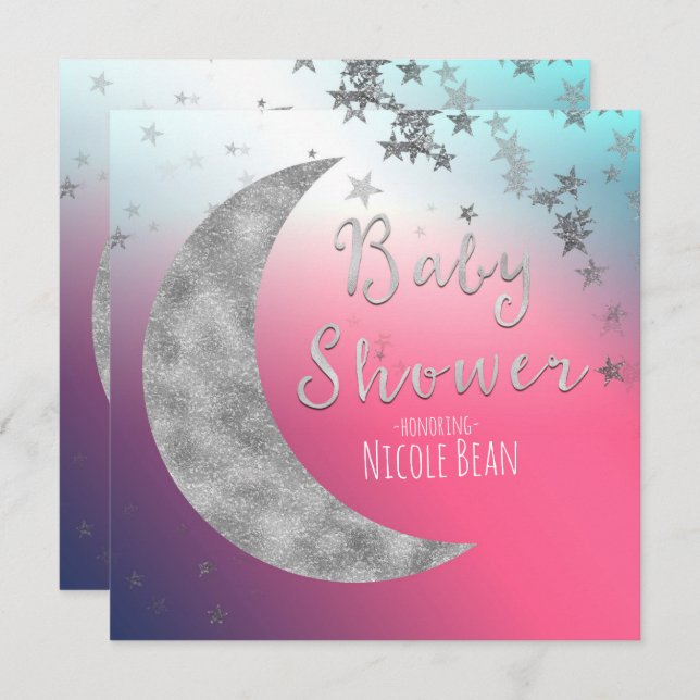 Pink Silver Moon & Stars Baby Shower Invitations (Front/Back)