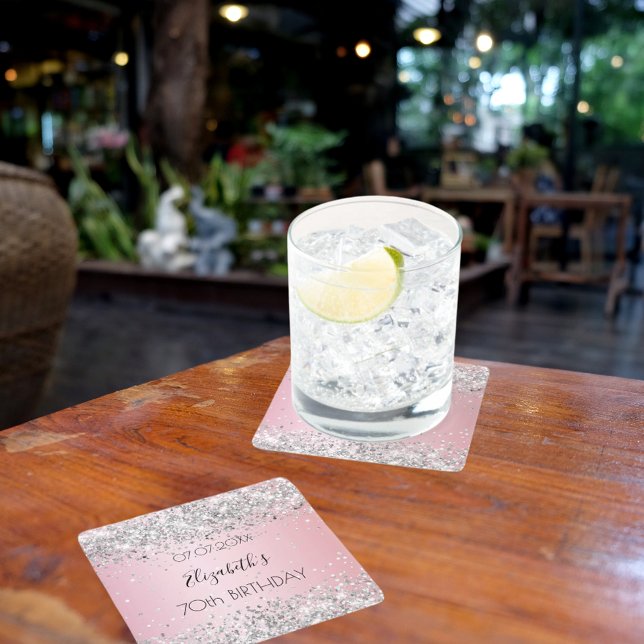 Pink silver name elegant birthday square paper coaster (Creator Uploaded)