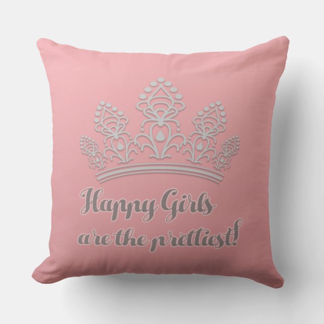 Pink Silver Pageant Tiara Happy Girls Prettiest Outdoor Cushion (Front)