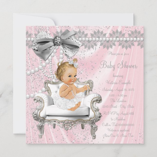 Pink Silver Pearl Chair Girl Baby Shower Invitation (Front)