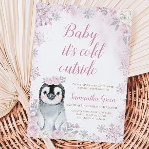 Pink Silver Penguin Baby Shower Invitation