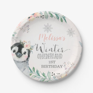 Pink Silver Penguin Winter Onederland Birthday Paper Plate