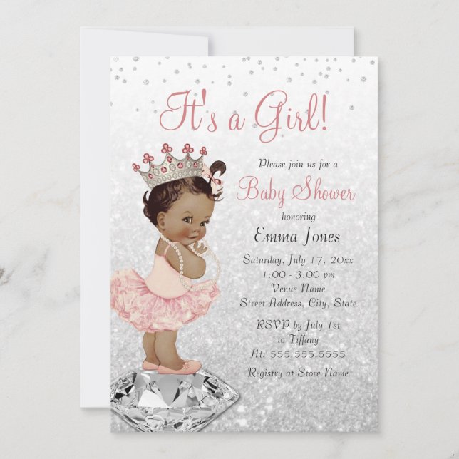 Pink Silver Princess African American Baby Shower Invitation (Front)