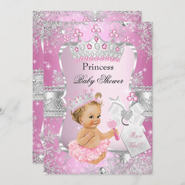 Pink Silver Princess Baby Shower Blonde Girl Invitation (Front/Back)