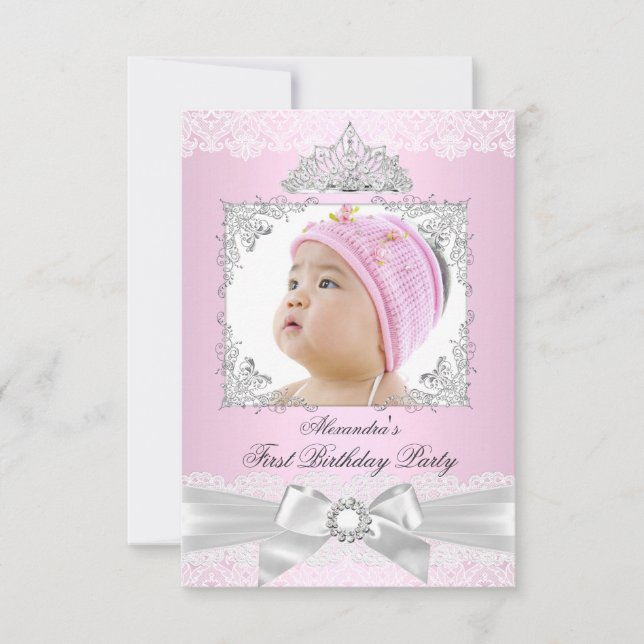 pink & Silver Princess Girl First Birthday Party Invitation (Front)