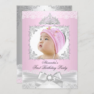 pink & Silver Princess Girl First Birthday Party Invitation