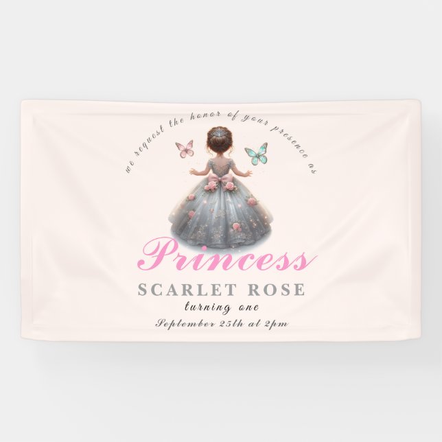 Pink silver princess gown Fairytale birthday party Banner (Horizontal)
