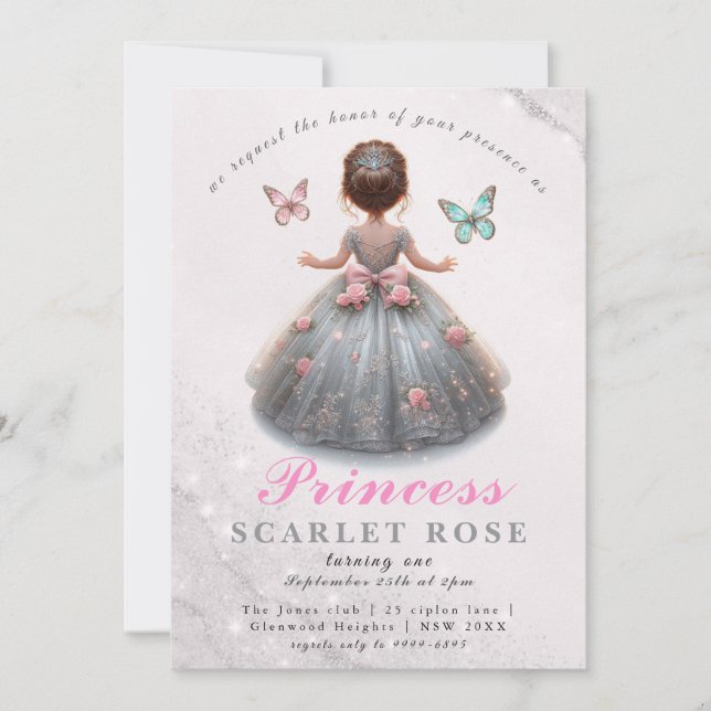 Pink silver princess gown Fairytale birthday party Invitation (Front)